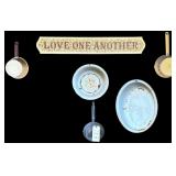 5 PIECES OF VINTAGE ENAMELWARE W/ "LOVE ONE ANOTHER" WALL HANGING