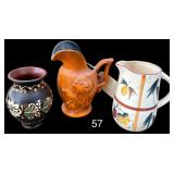 PAINTED CERAMIC VASE, VTG HAND PAINTED NASCO JAPAN 6 1/2" T PITCHER - FRUIT MOTIF PEARS/STRAWBERRIES, AND HAEGER FLORAL PATTERN PITCHER