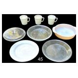 THREE CORELLE SNOWFLAKE PYREX MUG COFFEE CUPS, GLASS PYREX PIE DISH, FIRE KING ANCHOR HOCKING PEACH LUSTR 8” CAKE BAKING/CASSEROLE DISH, FIREKING GLASS PIE DISH, GLASS LID, HOMER LAUGHLIN PLATE