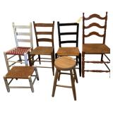 4 ANTIQUE LADDER BACK CHAIRS - 2 RUSH BOTTOM, 1 CANE BOTTOM, 1 WOVEN BOTTOM; RUSH BOTTOM FOOTSTOOL, OTHER WOODEN STOOL