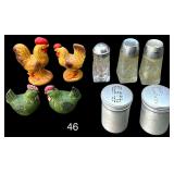 THREE GLASS SALT/PEPPER SHAKERS, VINTAGE ALUMINUM SALT AND PEPPER SHAKERS, YELLOW ROOSTER SALT AND PEPPER SHAKERS, GREEN ROOSTER SALT AND PEPPER SHAKERS