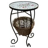 IRON SIDE TABLE W/ MOSAIC TILE TOP & WOVEN BASKET
