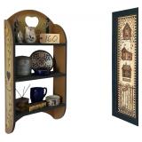 BATHROOM CORNER LOT: HAND-PAINTED WHATNOT SHELF WITH CONTENTS AS-PICTURED