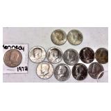 LOT OF U.S. KENNEDY HALF DOLLARS: 1965 & 1968 40% SILVER; 2 1971,4 1972, 1 1973, 3 1974 - 12 TOTAL