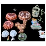 FOUR COPPER JELLO MOLDS, 2 CERAMIC JELLO MOLDS, METAL DECORATIVE BIRD CAGE, PLASTIC OWL YARD ART, PITCHER, GREEN GLASS DISH W/ HANGER