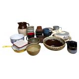 IRONSTONE DRIP PATTERN MIXING BOWL, ALEWINE POTTERY CREAM PITCHER, 3 POTTERY BOWLS MARKED “ONION”, MCCOY POTTERY VASE, BLUE WILLOW ENAMEL WARE BOWL, MADE IN HOLLAND SAUCE BOWL, ENAMEL WARE SQUARE 