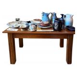 COFFEE TABLE PLUS ALL ITEMS SHOWN: ELECTRIC STAINED GLASS PIECE, HANDLED DIVIDED TRAY, SMALL BIRDHOUSE, BLUE PITCHER, ROUND METAL BOX WITH LID, ETC.