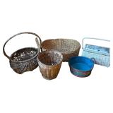 LOT OF 5 BASKETS TO INCLUDE LARGE OVAL BASKET, HANDLED BASKET AND SEWING BASKET WITH CONTENTS