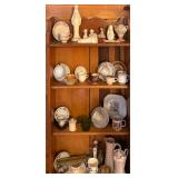 CONTENTS OF CABINET: LEFTON FIGURINE AND OTHER LEFTON PIECES, SMALL HULL VASE, FIREKING CUP, OTHER CUPS/SAUCERS, OLIVE GREEN GLASS HANDLED PIECE, AND OTHER ITEMS (CABINET NOT INCLUDED)