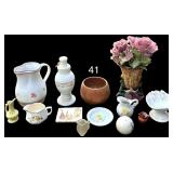 ONE HAEGER USA CERAMIC SOAP DISH, THREE MINIATURE PITCHERS TO INCLUDE ONE PORCELAIN HOMER LAUGHLIN, ONE FLORAL PORCELAIN SMALL PITCHER WITH DISH, POTTERY BOWL MADE IN USA, VINTAGE MILK GLASS APOTHECAR