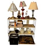 VINTAGE SHELF W/ CONTENTS: AURORA PAPER SHREDDER, 2 PITCHERS, BIBLE AND CONCORDANCES, TOLEWARE LAMP, BRASS BASE LAMP, AND OTHER ITEMS