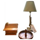 THREE WOODEN ITEMS: CABIN DISPLAY, NUT DISH, VINTAGE LAMP BASE