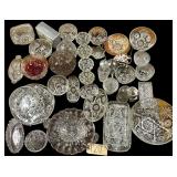 ASSORTED CLEAR PATTERN GLASSWARE TO INCLUDE CREAMER, SUGAR, BOWLS, RELISH DISH W/ SILVER INLAY, OTHER PIECES WITH SILVER INLAY, OTHER DIVIDED RELISH DISH, LARGE SERVING BOWL, ETC.; 4 PORCELAIN TEAPOT 