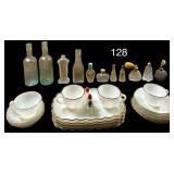 ASSORTMENT OF WHITE W/ GOLD COLOR TRIM ANCHOR HOCKING, FIRE-KING, AND UNMARKED CUPS, BOWLS, SAUCERS AND SERVING TRAYS; 4 SALT AND PEPPER SHAKERS (3 SMALL SIZE); VINTAGE PERFUME BOTTLES; VINTAGE GLASS 