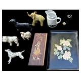 ORIENTAL COUROC SERVING TRAY, VINTAGE MID CENTURY INLAID WOOD MARQUETRY INDIA GIRL WITH CERAMIC POT, CERAMIC DALMATIAN (LEG BROKEN/AS-IS), CERAMIC BULLDOG, SHIH TZU FIGURINE, DASCHUND FIGURINE, ELEPHA