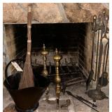 VINTAGE CAST IRON FIREPLACE SET, 2 BRASS ANDIRONS, VINTAGE COAL BUCKET, HANDMADE FIREPLACE SWEEP