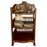 SMALL BAMBOO SHELF W/ CONTENTS: GLOBE BOOKENDS, 2 ANTIQUE BOOKS, 2 BRASS PIN DISHES, SMALL ORIENTAL PLATE, TIN ORIENTAL BOX, PORCELAIN ORIENTAL BOX