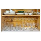 ASSORTMENT OF CLEAR GLASSWARE TO INCLUDE PATTERN GLASS CUPS, CRUETS, PITCHERS, AND STEM GLASSES; SMALL ASSORTMENT OF CHINA