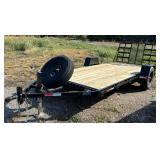 2025 HEAVY-DUTY TRAILER SET UP FOR A MINI EXCAVATOR OR SKID STEER. EQUIPPED WITH AN 8,000 LB BRAKE AXLE, STRONG HD FRAME, HEAVY-DUTY GATE, STAKE POCKETS, AND DROP-DOWN 8,000 LB JACK. HAS LED LIGHTS, A