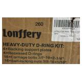 LONFFERY HEAVY-DUTY D-RING KIT: 4× BACKING SUPPORT PLATES, 4X RECESSED D-RINGS, 16× CARRIAGE BOLTS 3/8-16×2-1/4", 16X SELF-LOCKING NUTS 3/8-16×5/16"