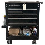 METAL U.S. GENERAL TOOL BOX W/ BRAKE BLEEDER KIT, TRAILER LIGHT COMPONENTS OF ASSORTED SIZES, ELECTRICAL EQUIPMENT, WIRING, ETC.
