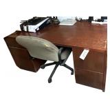 WOODEN OFFICE DESK W/ ROLLING CHAIR, CONDITION AS-PICTURED (CONTENTS NOT INCLUDED)