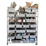ROLLING METAL RACK W/ CONTENTS TO INCLUDE SORTERS AND SMALL ASSORTMENT OF NUTS AND BOLTS
