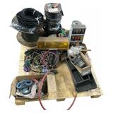 PALLET LOT OF ASSORTED ELECTRICAL WIRING, SPOOLS OF WIRE, LIGHT, ETC.