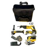 5 20V DEWALT TOOLS W/ ROLLING CARRYING CASE: RECIPROCATING SAW, CUTOFF SAW, 2 ANGLE GRINDERS, SANDER - NO BATTERIES INCLUDED