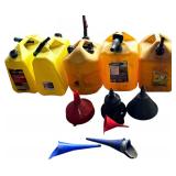 5 5-GALLON DIESEL CANS, 6 PLASTIC FUNNELS
