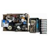 FLEX SEAL, RUSTOLEUM GLOSS ENAMEL, BLUE & YELLOW FARM IMPLEMENT PAINT, BLACK SPRAY PAINT, PAINT TRAY, PAINT BRUSHES, PAINT ROLLER, BONDO FIBERGLASS RESIN JELLY, 6 BRAND NEW CANS OF RUSTOLEUM HIGH PERF