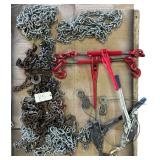 2 CHAINS: 1 APPROX. 174”, 1 APPROX. 160”, 2 COME-ALONGS, 2 CHAIN BINDERS, ASSORTED SMALL PIECES OF CHAIN