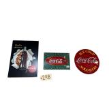 3 METALLIC COCA-COLA ADVERTISING SIGNS: 1999 BUTTON STYLE, 2 RECTANGULAR