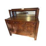 ARTS & CRAFTS MISSION OAK SIDEBOARD/BUFFET WITH MIRRORED GALLERY W/ KEY - APPROX. 54.5” TO TOP OF GALLERY X 54” WIDE X 23.75” AT DEEPEST