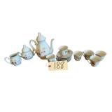 ORIENTAL TEA SET W/ 6 CUPS (1 HANDLE BROKEN), 6 SAUCERS, PITCHER, CREAMER, AND SUGAR