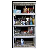 PLASTIC 5 SHELF UNIT WITH CONTENTS: WD 40, GREAT STUFF FOAM SEALANT, STEAM IRON, ELECTRICAL TESTER, RUBBER FLEX, MULTIPLE CANS OF RUSTOLEUM SPRAY PAINT, AIR PUMP, DECK MATE 9 X 2.5 STAR DRIVE SCREWS A