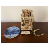 SPANISH STYLE HOME DECORATOR PIECE, BRASS HORSESHOE MEASURING INSTRUMENT, NATIVE AMERICAN “RUNNING WITH THE WIND” DECORATOR PLATE BY JULIE KRAMER COLE