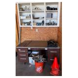 SIX DRAWER METAL DESK, ORANGE CAUTION CONES, LARGE WHEELS (POSSIBLY FOR SCAFFOLDING), ASSORTMENT OF PLUMBING TOOLS, GAS BURNER, BERNZOMATIC CYLINDERS, ETC.