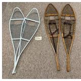 PAIR OF VINTAGE WOODEN SNOW SHOES W/ LEATHER FASTENERS, OTHER PAIR OF METAL SNOW SHOES