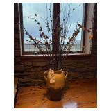 DOUBLE HANDLED POTTERY VASE APPROX. 14.5” TALL W/ ARTIFICIAL WILLOW TYPE ARRANGEMENT