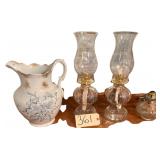 3 OIL LAMPS - 2 LAMPLIGHT FARMS W/ GLOBES, FLORAL PATTERN PITCHER
