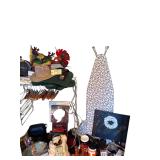 CLOSET LOT TO INCLUDE ASSORTMENT OF HATS, BUC-EE’S MUG, UNIV. TENNESSEE MUG, HANDCRAFTED WOODEN PUZZLES, IRONING BOARD, 4 BIBLICAL PRINTS AS-FOUND, WIRE CANDLEHOLDER, VCR CO-PILOT, LADIES’ GLOVES,