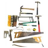 ASSORTMENT OF TOOLS: 4 HAMMERS, 2 HANDSAWS, 1 HACKSAW, 706 CABLE CUTTER, 2 STAPLE GUNS, 2 PRY BARS, 2 WAY HAND RIVETER SET WITH 100 PIECE RIVETS, BLOW TORCH END, STRAIT-LINE LASER LEVEL