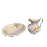 ANTIQUE BUFFALO POTTERY WASH BASIN SET - FLORAL/GOLD CAIRO PATTERN - PITCHER HANDLE HAS BEEN REPAIRED, HAIRLINES IN BOWL