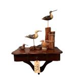 WOODEN 1-DRAWER HANGING SHELF W/ WOODEN BIRD CARVINGS