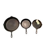 3 CAST IRON SKILLETS: 1 NO. 14 15”, 1 NO. 8 GRISWOLD 704K, 1 NO. 7 WAGNER SIDNEY -O- 1357A