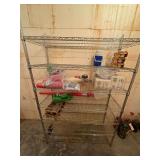 STAINLESS STEEL KITCHEN SHELF IN GOOD SHAPE WITH CONTENTS: 12 HIGHBALL GLASSES IN BOX, FOUR ROCKS GLASSES IN BOX, PLASTIC CUPS, THERMOS, SIX PACK OF STERNO COOKING FUEL