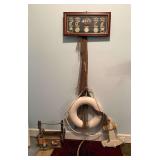 NAUTICAL THEME LOT: SHADOW BOX W/ KNOTS, GAUGES, AND SMALL CLOCK; WOODEN ANCHOR COAT RACK, LIFE PRESERVER, NET, WOODEN BOX, SMALL WOODEN BOAT, “CRAB SHACK” SIGN