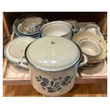 PFALTZGRAFF FOLK ART YORKTOWNE PATTERN ENAMELED STOCK POT WITH LID (LID HANDLE BROKEN/NO HANDLE), PFALTZGRAFF FOLK ART YORKTOWNE PATTERN COVERED CASSEROLE DISH, PFALTZGRAFF FOLK ART YORKTOWNE PATTERN 