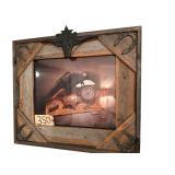 REVOLVER, SHERIFF’S BADGE, POCKET WATCH PRINT IN BARN WOOD & HORSESHOE FRAME - APPROX. 14” X 17.5” VIEWING AREA